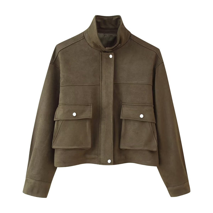 Women's short jacket in utility style made of suede look with stand-up collar and cargo flap pockets Mune Fashion