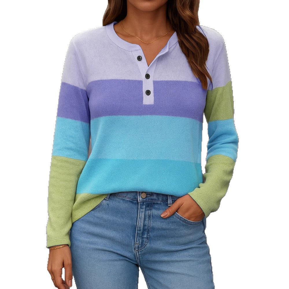 Women's Striped Fine Knit Sweater with Henley Button Placket Mune Fashion