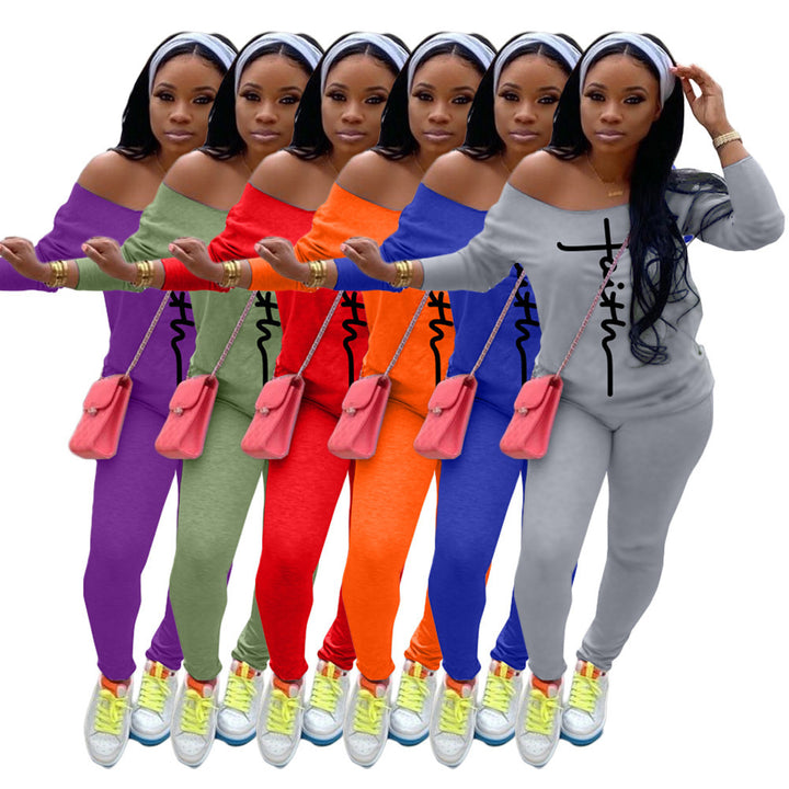 Women’s Casual Off-Shoulder Two-Piece Set with Figure-Hugging Leggings and Oversize Shirt