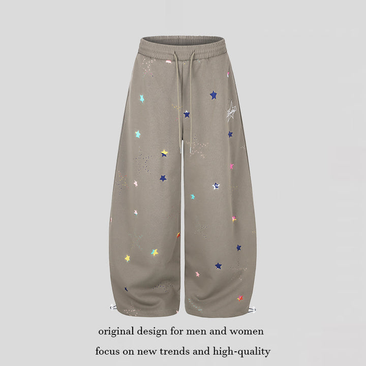 Women's extra wide palazzo capri sweatpants with star print, comfort waistband, and adjustable hem.