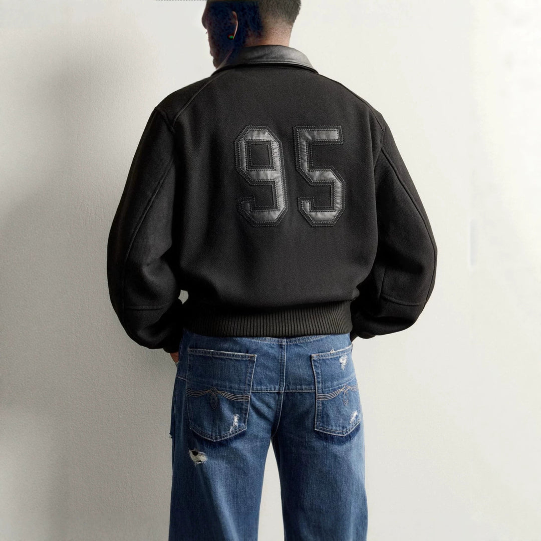 Men's short bomber jacket in vintage style with contrasting leather trim and ribbed cuffs Mune Fashion