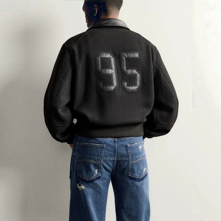 Men's short bomber jacket in vintage style with contrasting leather trim and ribbed cuffs Mune Fashion