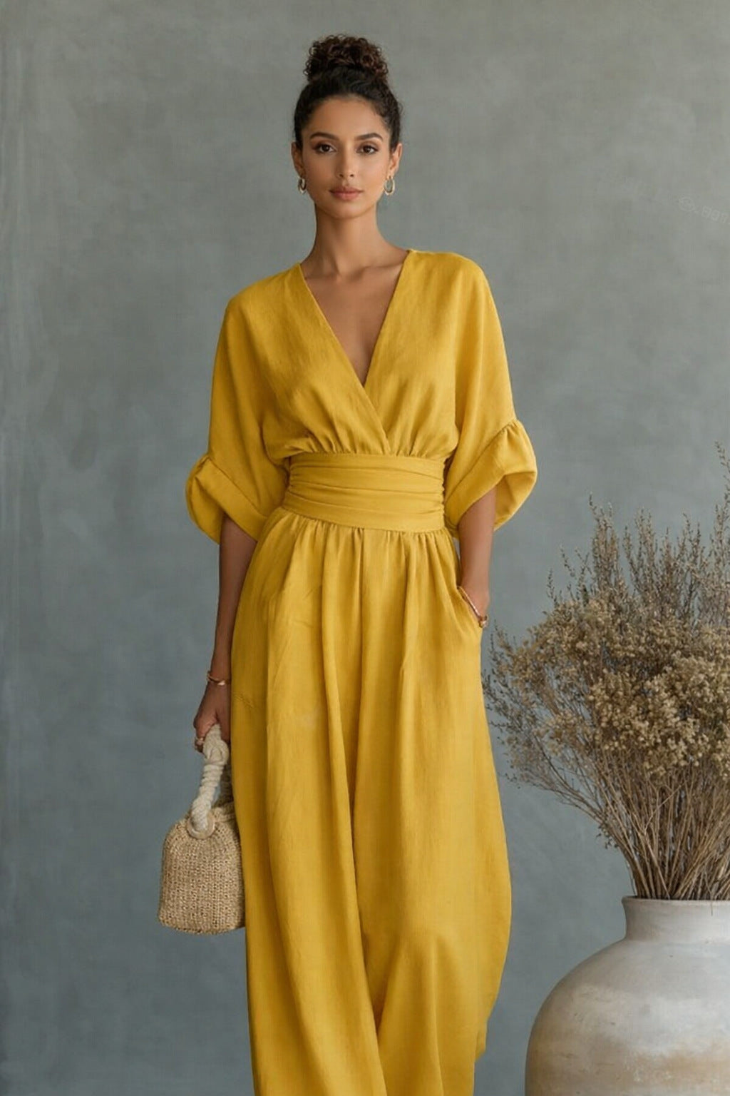 Women Wide Cut Jumpsuit with Elegant Draping and V-Neck Mune Fashion