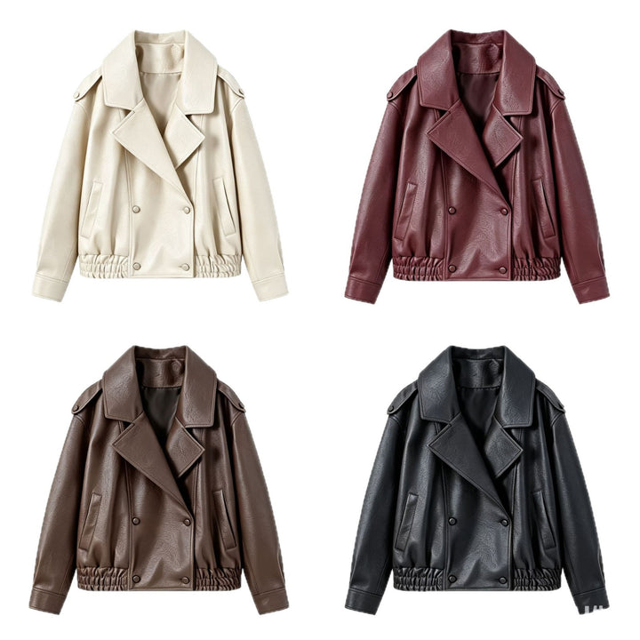 Women's short jacket made of leather look with large faux fur collar Drune