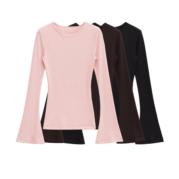 Women's Figure-Hugging Ribbed Shirt with Off-the-Shoulder Neckline and Flared Bell Sleeves Mune Fashion