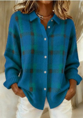 Women's Checked Knit Shirt Jacket Cardigan with Shirt Collar and Ribbed Cuffs Mune Fashion