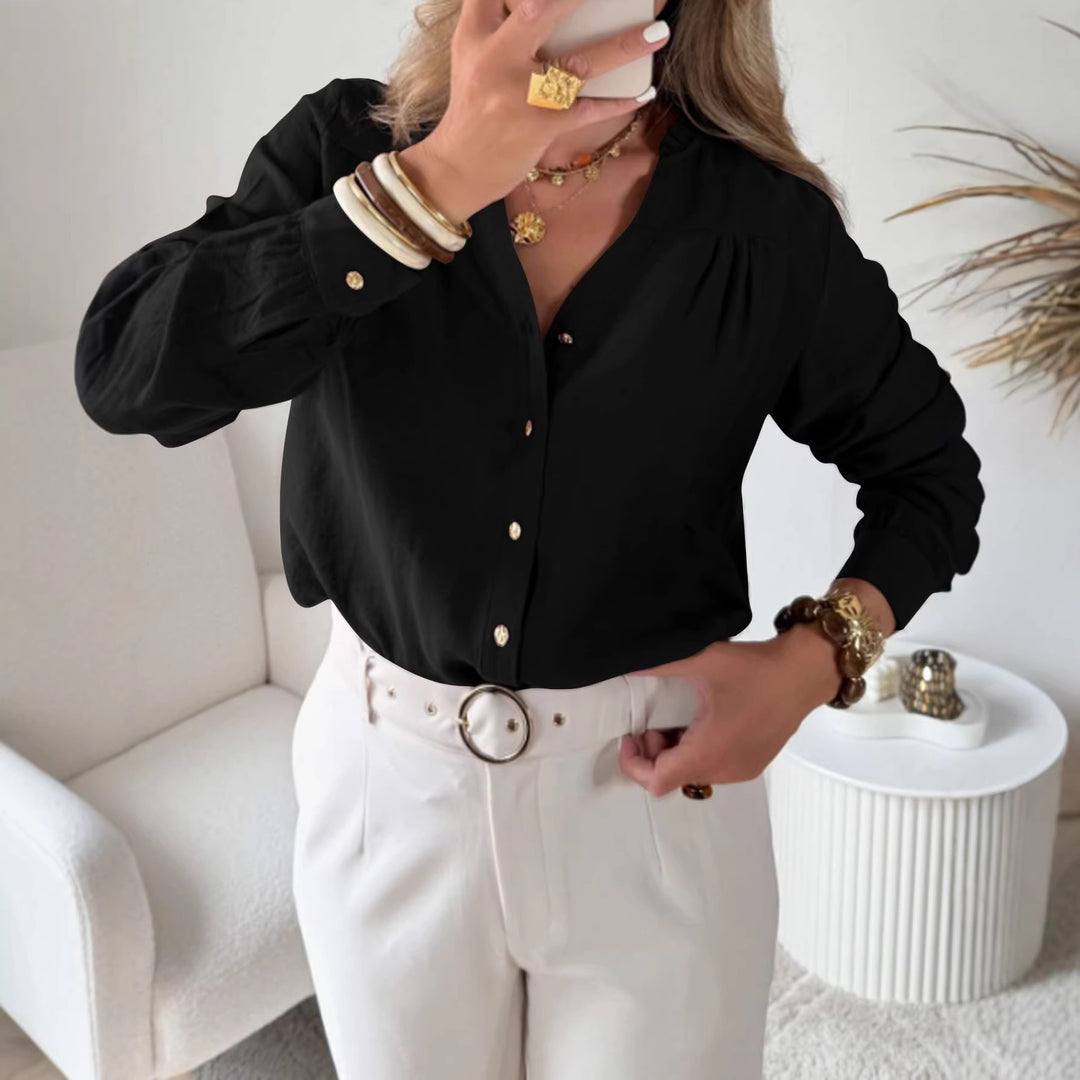 Women's blouse with V-neck, gathered shoulder yoke and balloon sleeves Mune Fashion
