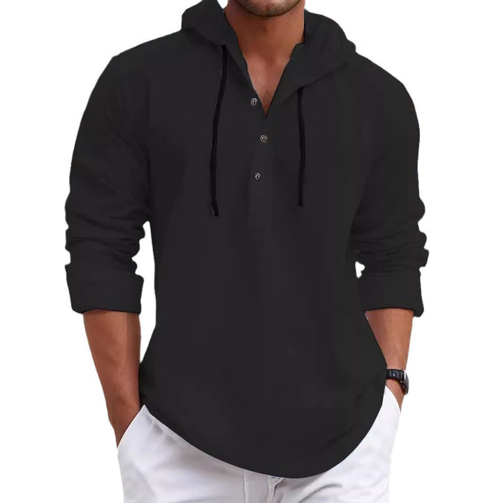 Men's summer hoodie henley with hidden button placket, drawstring and rounded hem Mune Fashion