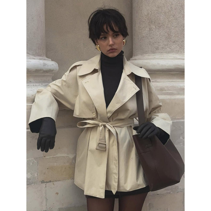 Women's Short Tailored Trench with Cape Overcoat and Tie Belt Mune Fashion