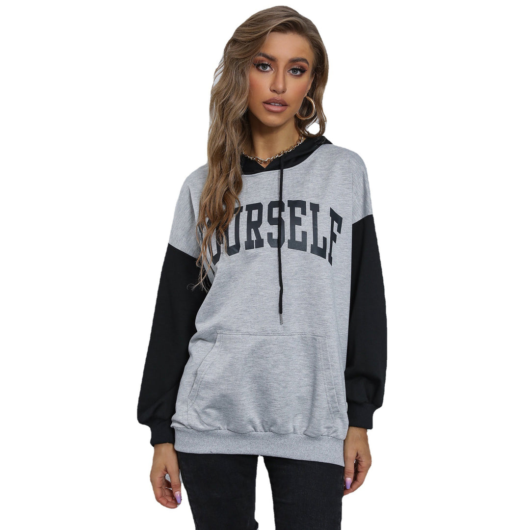 Women's Oversized Hoodie with College Print, Kangaroo Pocket and Contrast Sleeves Mune Fashion
