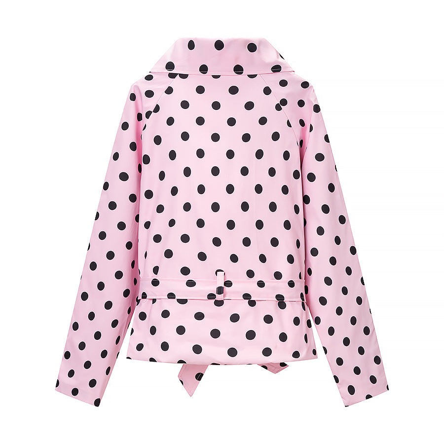 Women's Polka Dot Trench Coat Style with Tie Belt and Balloon Sleeves Mune Fashion
