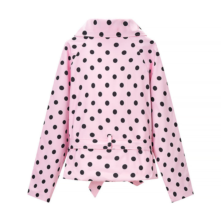 Women's Polka Dot Trench Coat Style with Tie Belt and Balloon Sleeves Mune Fashion