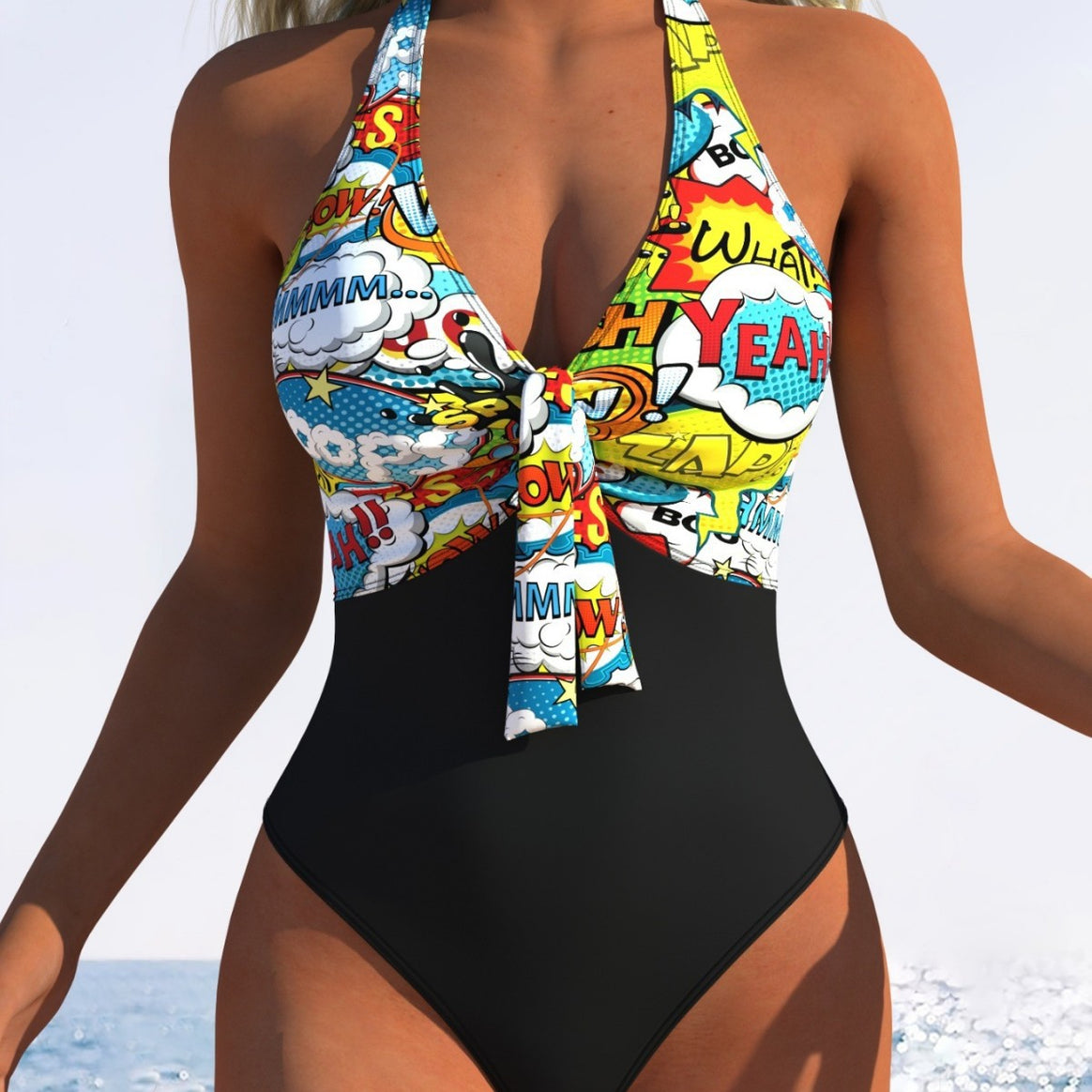 Women One Piece Swimsuit with ruftiger Chiffon Surface and Elegant Knot Detail Mune Fashion