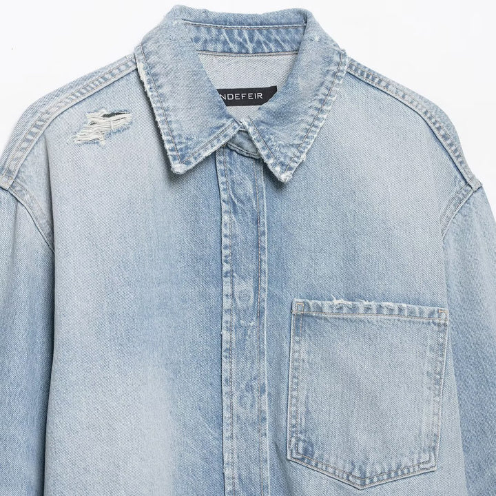 Women's Cropped Denim Jacket in Used-Look with Frayed Hem and Oversized Sleeves Mune Fashion