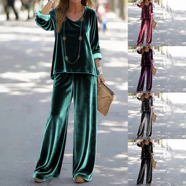 Women's Elegant Velvet Two-Piece Lounge Set with V-Neck and Wide Leg