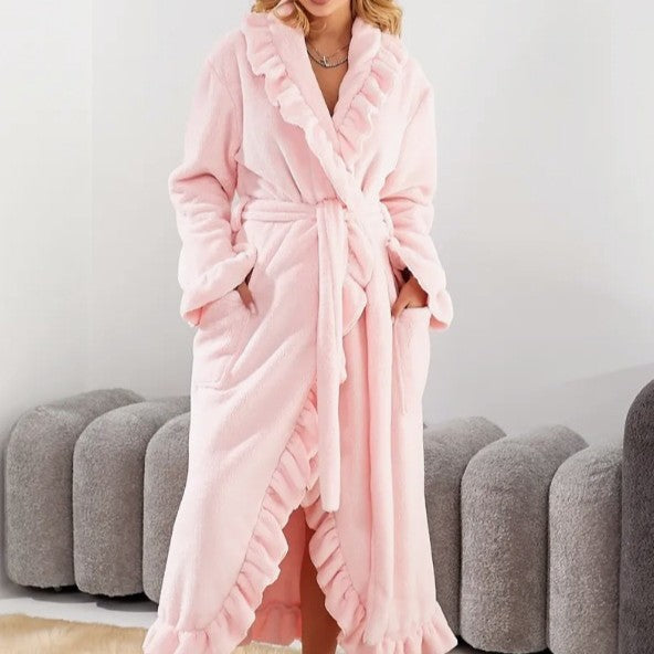 Women's luxurious dressing gown with ruffled collar, extra-long cut and tie belt Mune Fashion