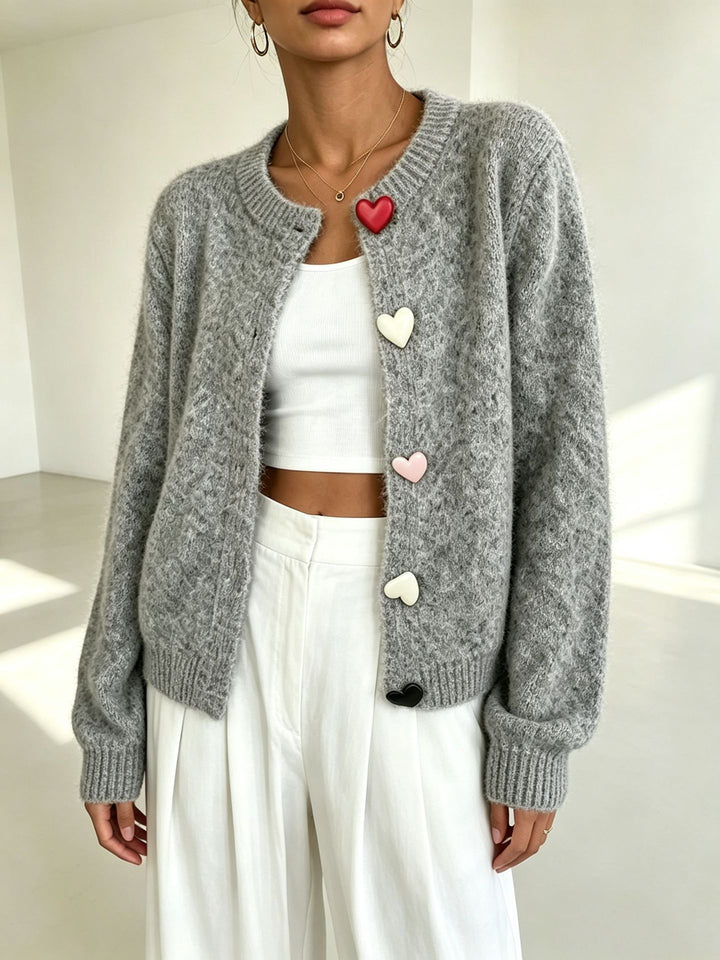 Women Fluffy Short Cardigan with Heart Button Placket and Raglan Sleeves Mune Fashion