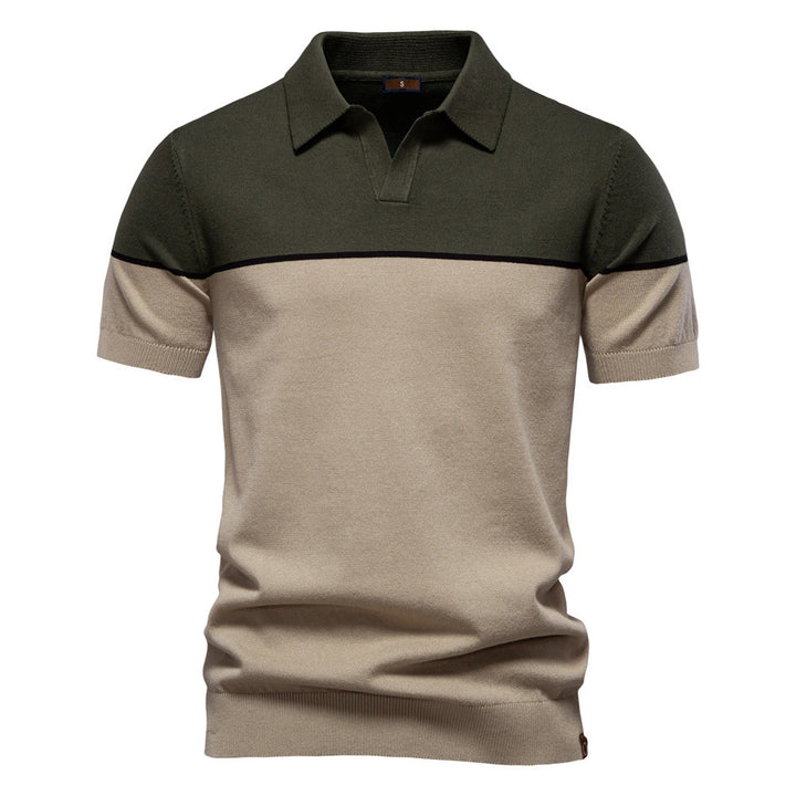 Men's modern short sleeve polo shirt made of fine knit with open lapel collar and horizontal contrast yoke Mune Fashion