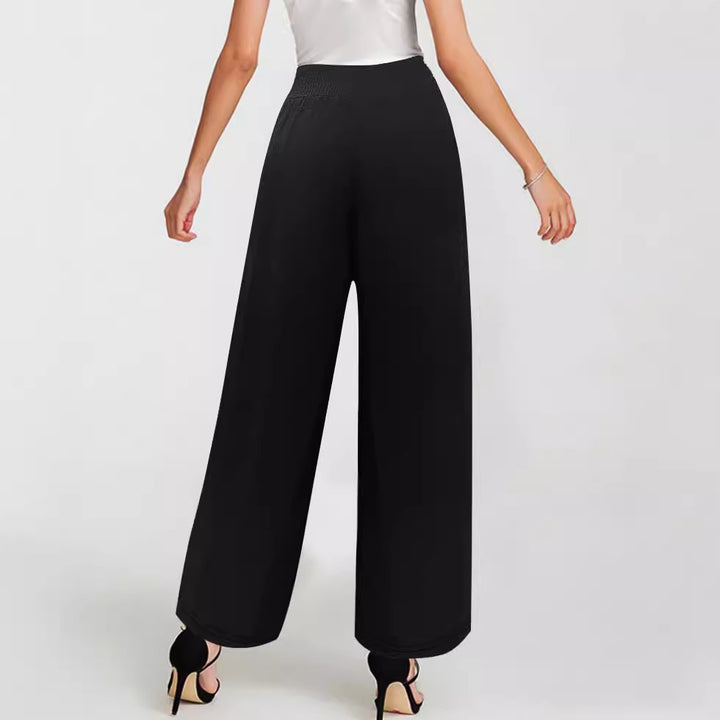 Women's Wide Linen Look Palazzo Pants with High Smocked Band, Drawstring and Side Pockets Mune Fashion