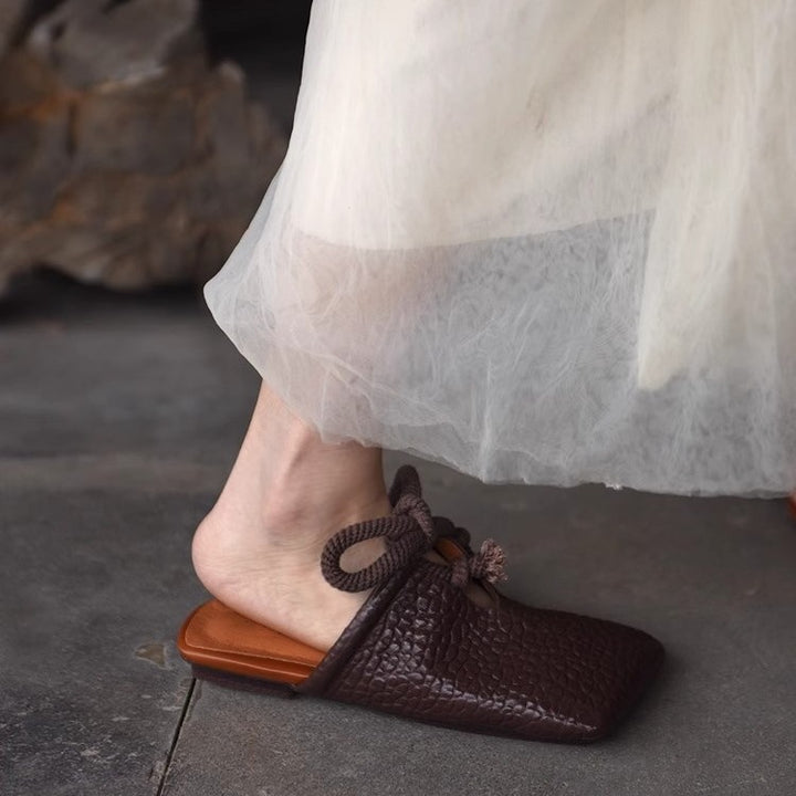 Women's Square Leather Mules with Knotted Rope Loop and Textured Surface Mune Fashion