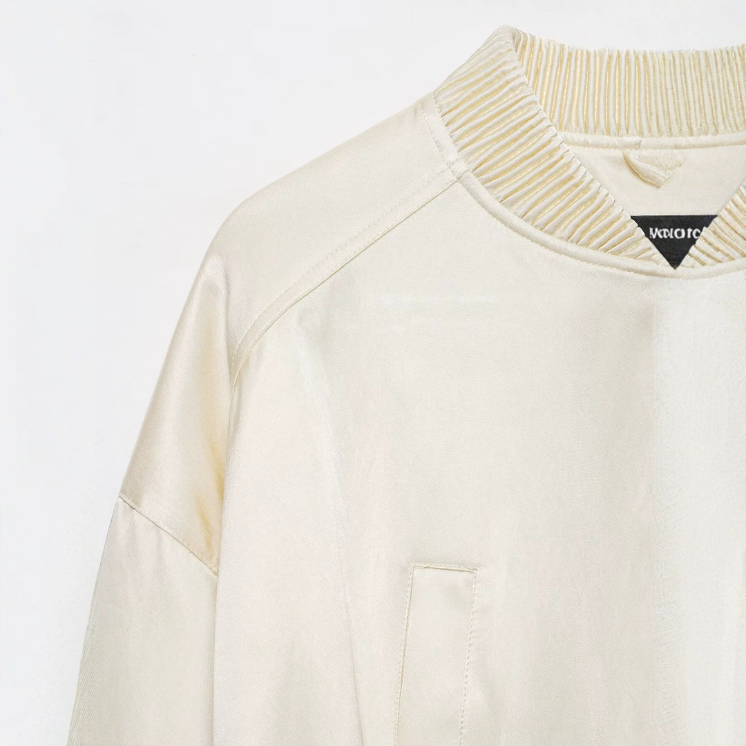 Women's Short Satin Bomber with Oversized Balloon Sleeves and Ribbed Collar Drune
