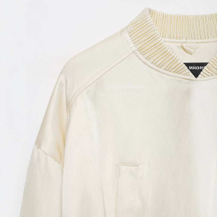 Women's Short Satin Bomber with Oversized Balloon Sleeves and Ribbed Collar Drune