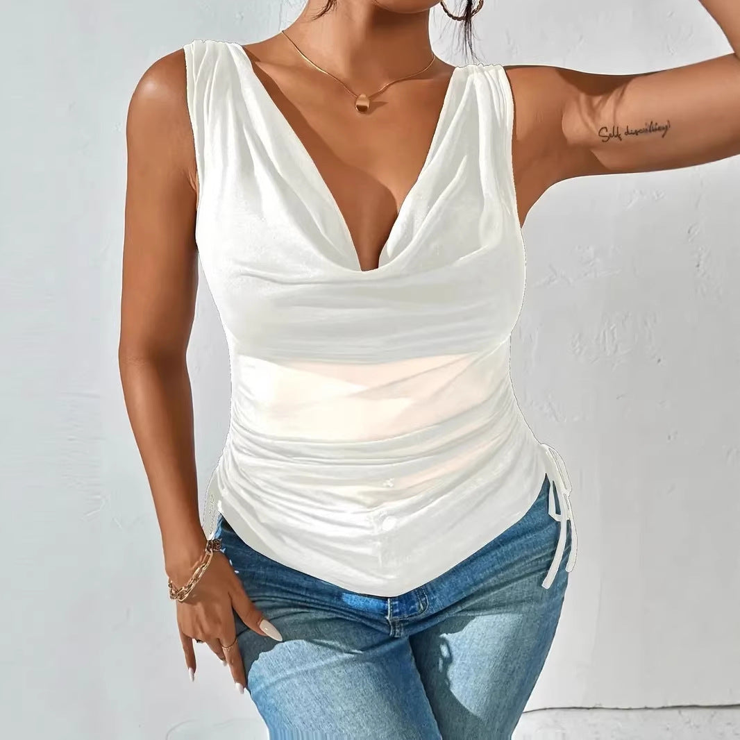 Women Sleeveless Draped V-Neck Top with Side Tuck Mune Fashion