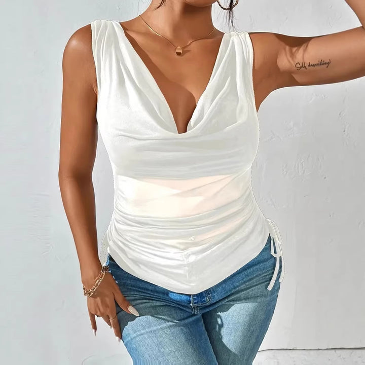 Women Sleeveless Draped V-Neck Top with Side Tuck Mune Fashion
