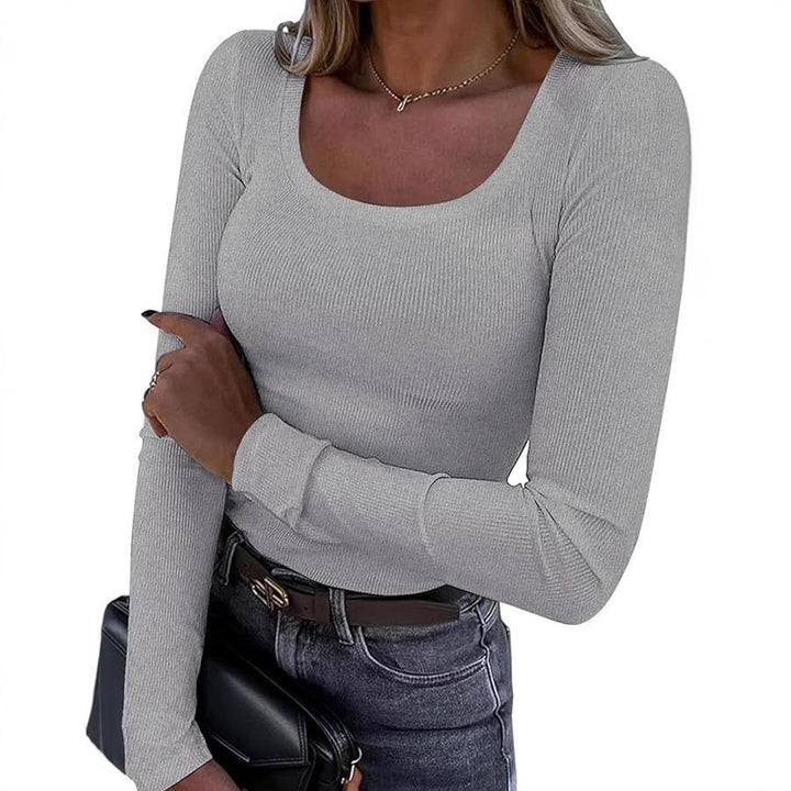 Women's form-fitting ribbed long sleeve with wide square neckline and stretch material