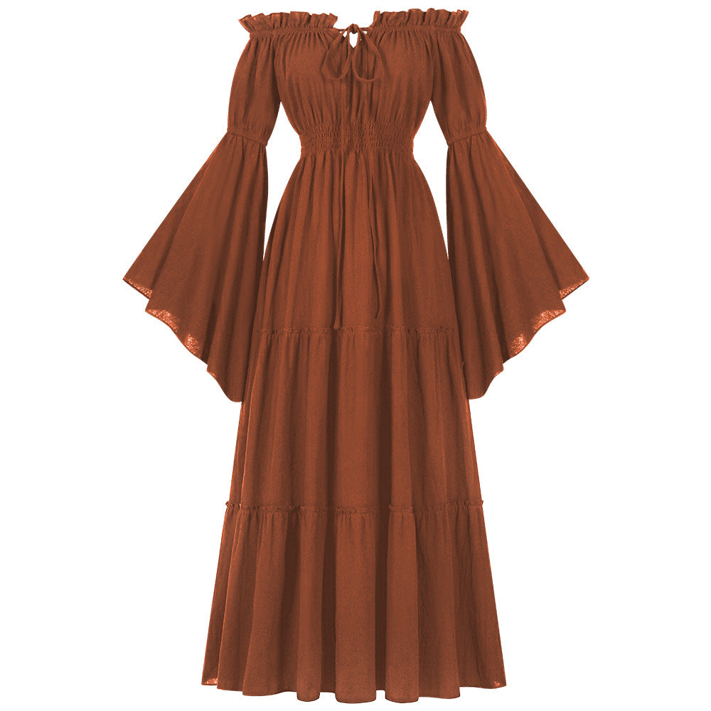 Women's ankle-length off-shoulder max dress with gathered waist, tiered skirt, and wide trumpet sleeves Mune Fashion