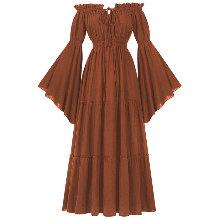 Women's ankle-length off-shoulder max dress with gathered waist, tiered skirt, and wide trumpet sleeves Mune Fashion