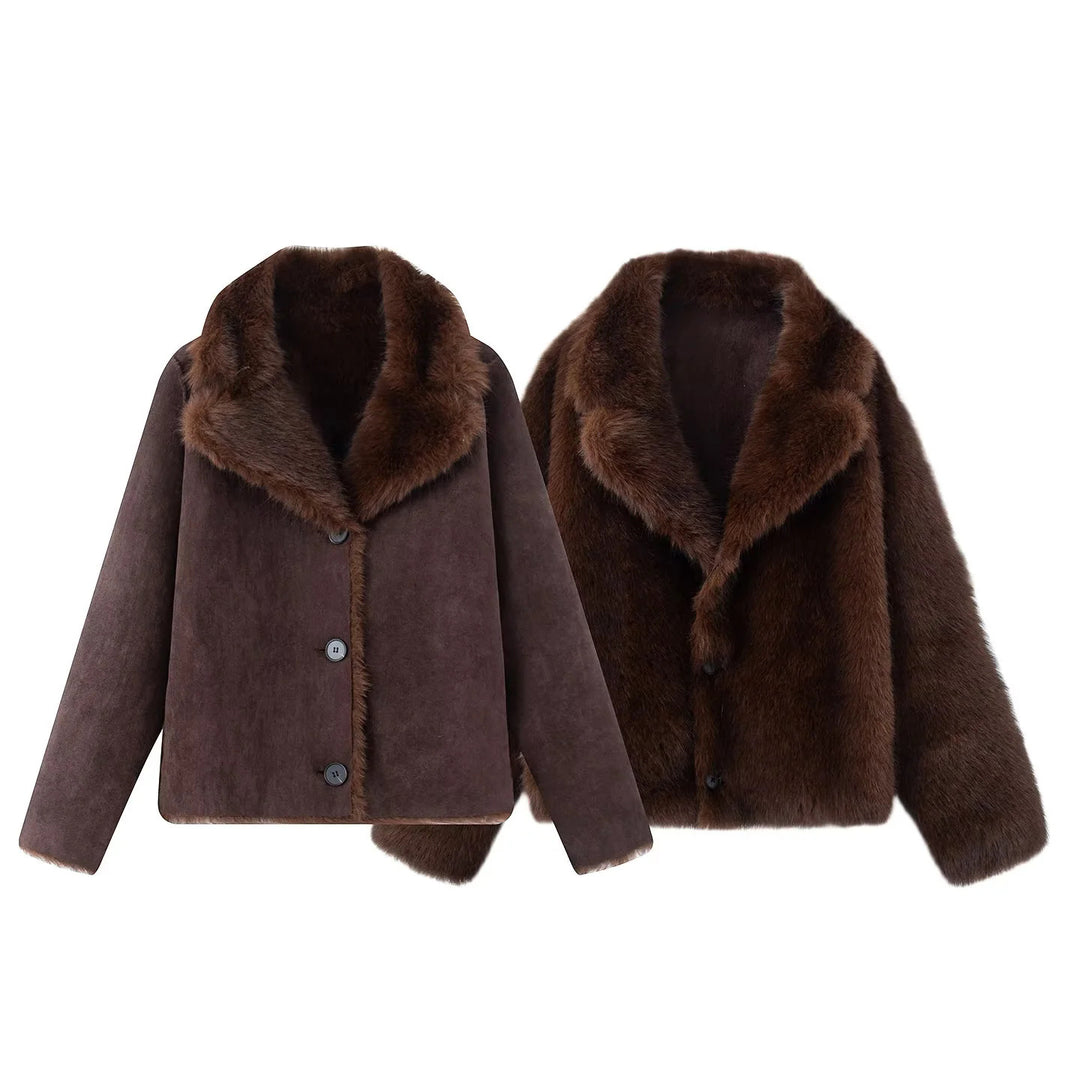 Women's nano short sheepskin-look jacket with voluminous shawl collar and concealed button placket Mune Fashion