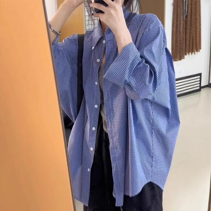 Women's Oversize Shirt with Vichy Check, Loose Fit and Continuous Button Placket Mune Fashion