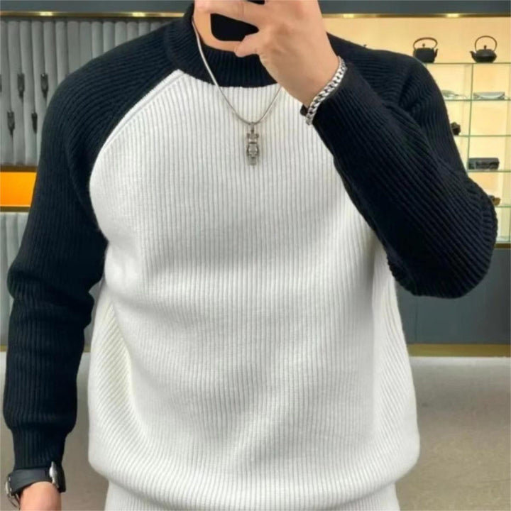 Men's Ribbed Raglan Sweater with Contrast Sleeves and Short Stand-Up Collar Mune Fashion