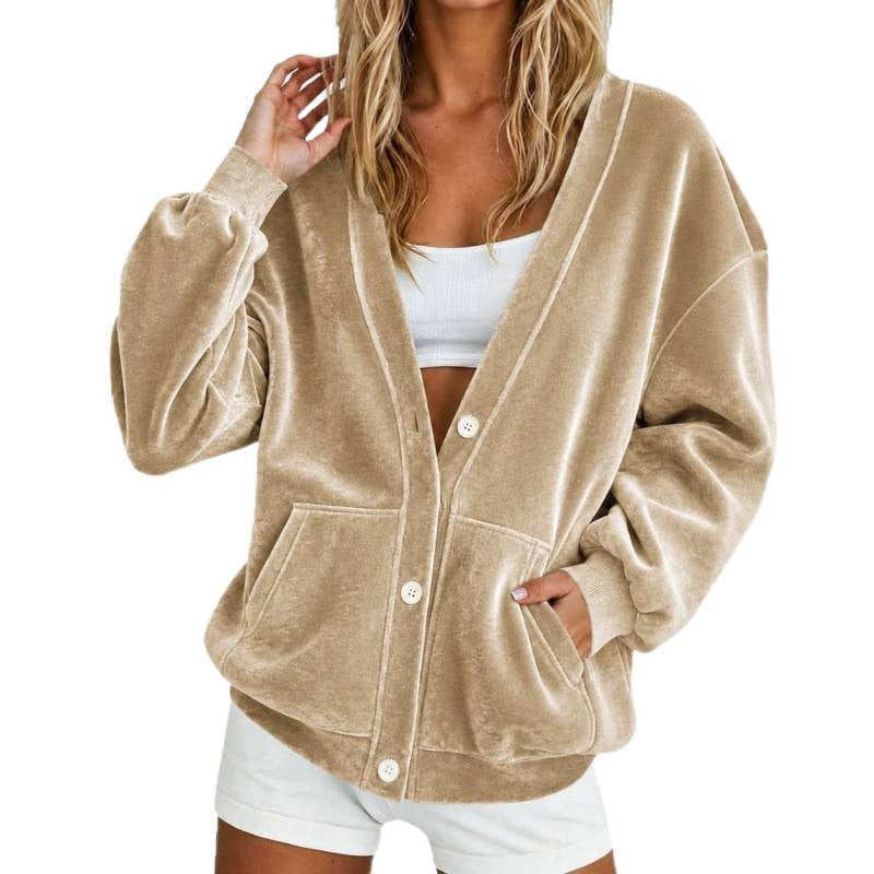 Women's Oversize Relax Cardigan made of velour with button placket and side pockets Mune Fashion