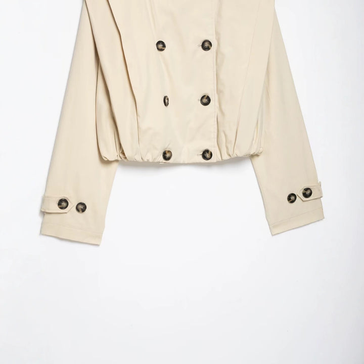 Women's Cropped Trench Coat in Cape Look with Double-Breasted Button Placket and High Stand Collar Mune Fashion