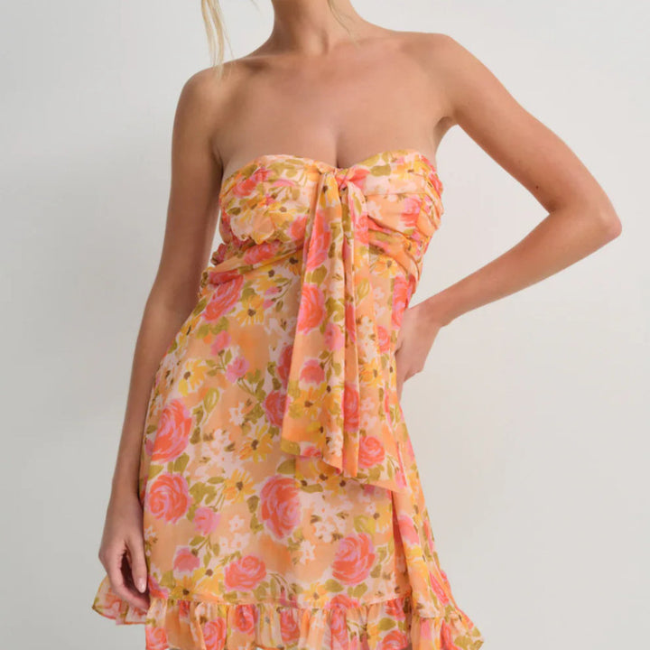 Women's strapless chiffon summer dress with floral pattern bandeau top and ruffle trim Mune Fashion