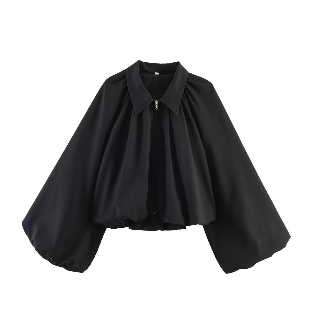 Women’s short-cut blouse jacket with wide balloon sleeve and zipper Mune Fashion