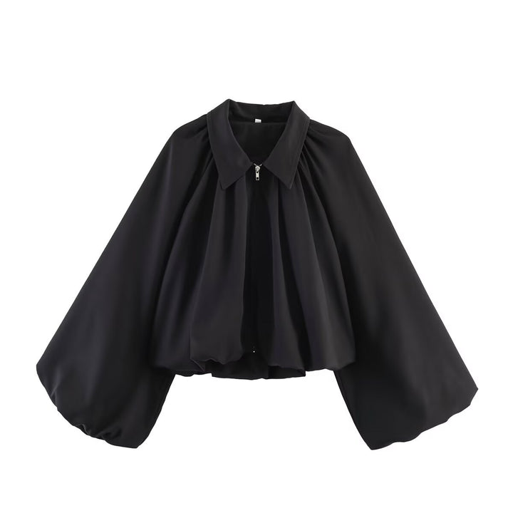 Women’s short-cut blouse jacket with wide balloon sleeve and zipper Mune Fashion