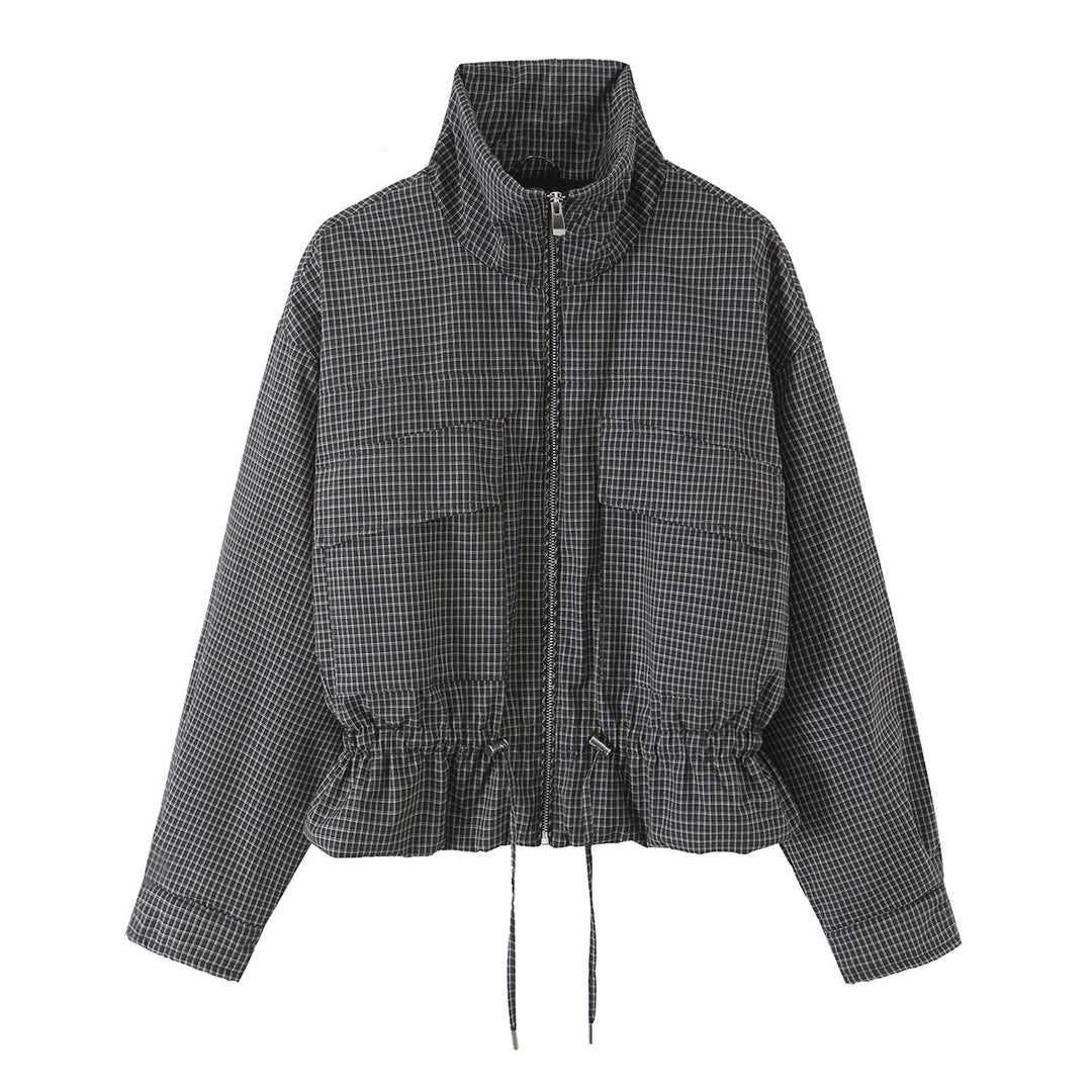 Women’s short jacket in checkered utility bomber with high stand collar and drawstring waist Mune Fashion