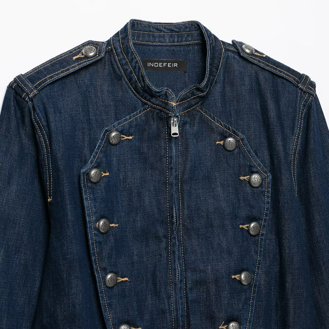Women's Cropped Denim Field Jacket with Decorative Double Row and Stand-Up Collar Mune Fashion