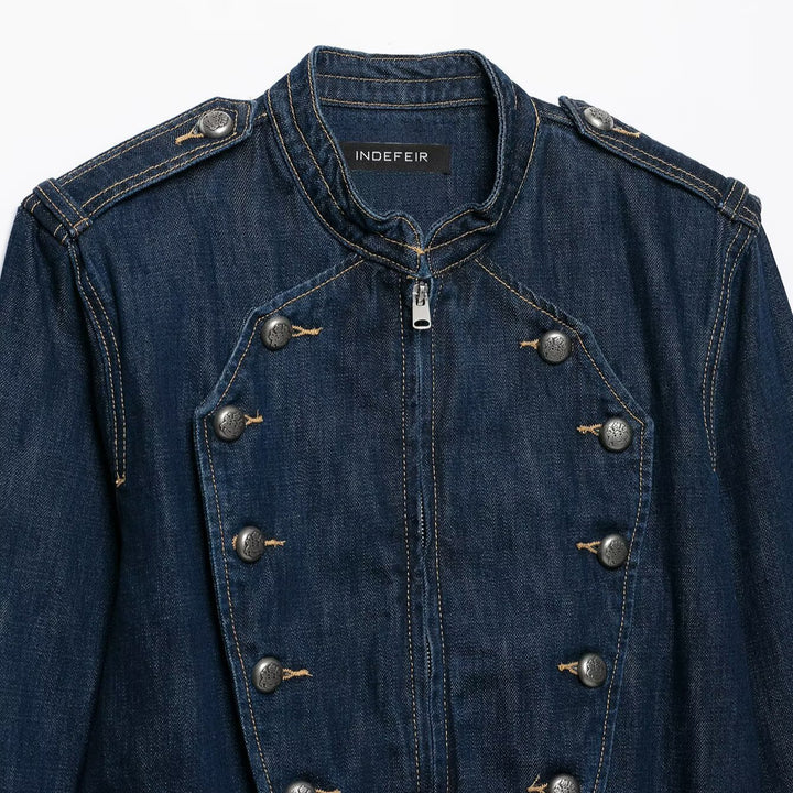Women's Cropped Denim Field Jacket with Decorative Double Row and Stand-Up Collar Mune Fashion