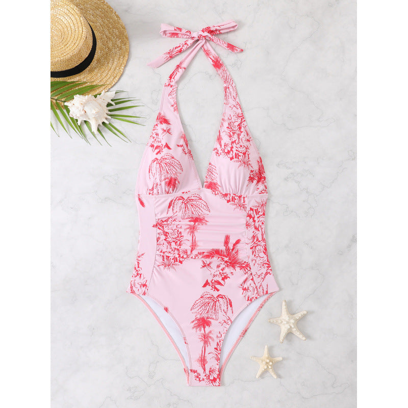 Women One-Piece Swimsuit with Playful Flower Design and V-Neck Mune Fashion