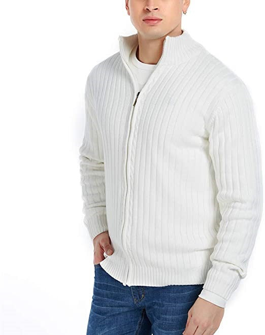 Men's fine-knit cardigan with full-length zipper, stand-up collar, and distinctive ribbed texture Mune Fashion