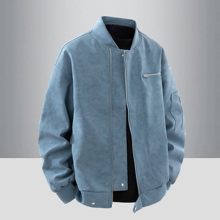 Men's Suede Look Bomber Jacket with Full Zip, Rib Collar and Utility Pockets Mune Fashion