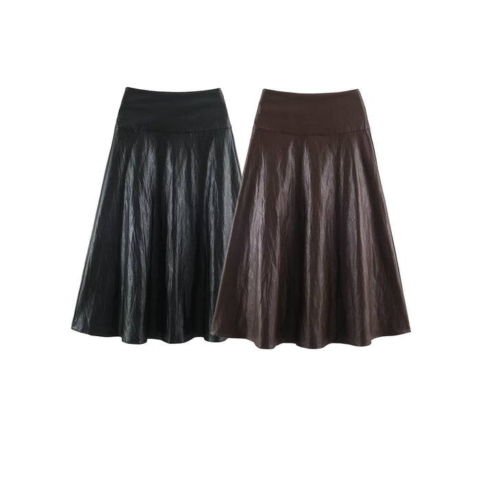Women's midi skirt in leather look with high waist and flared cut Mune Fashion