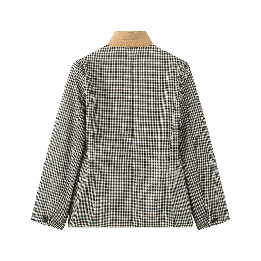 Women Checked Boxy Blazer Jacket with Contrast Stand Collar and Flap Pockets Mune Fashion