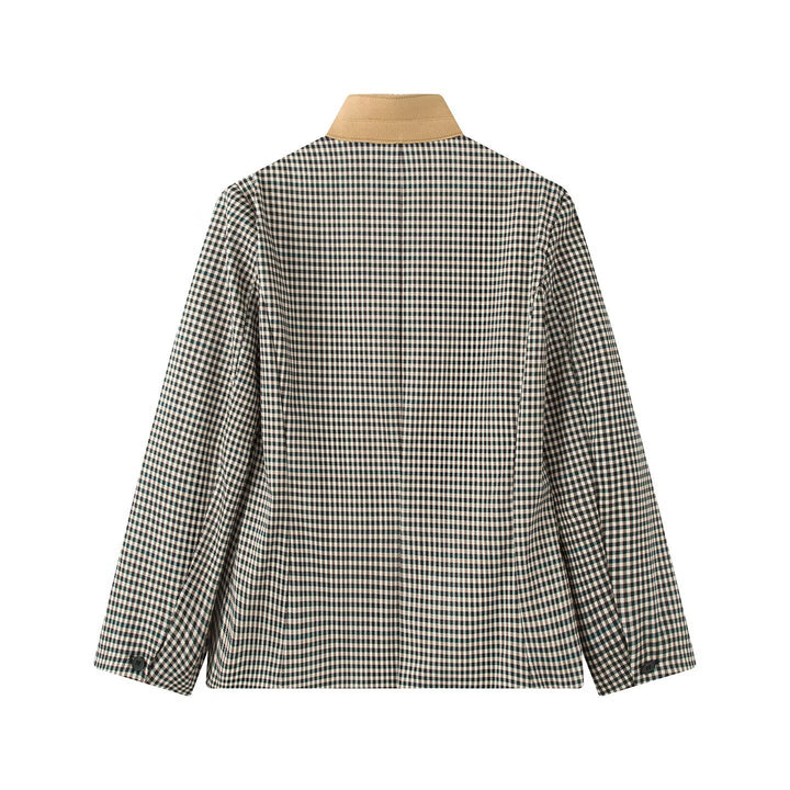 Women Checked Boxy Blazer Jacket with Contrast Stand Collar and Flap Pockets Mune Fashion