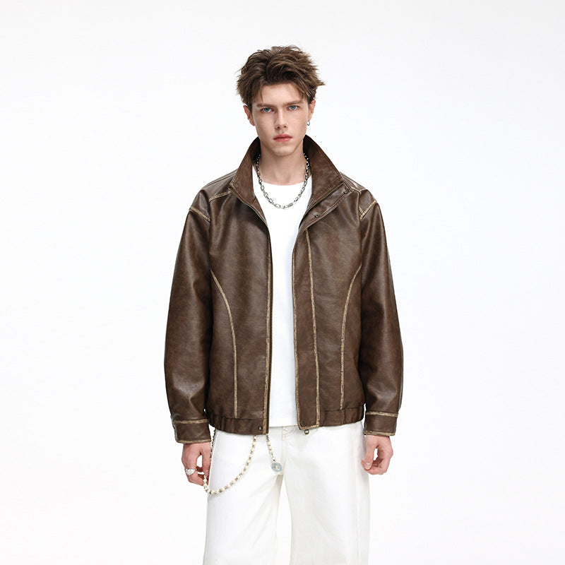 Men's faux leather bomber jacket with stand-up collar and decorative contrast stitching Mune Fashion