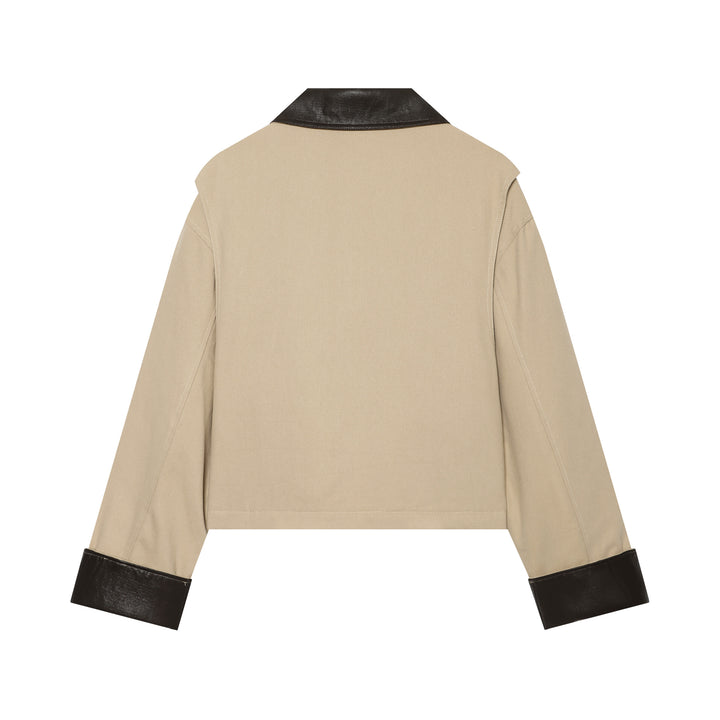 Women's Cropped Utility Jacket with Quilted Lining and Contrasting Leather Collar Mune Fashion